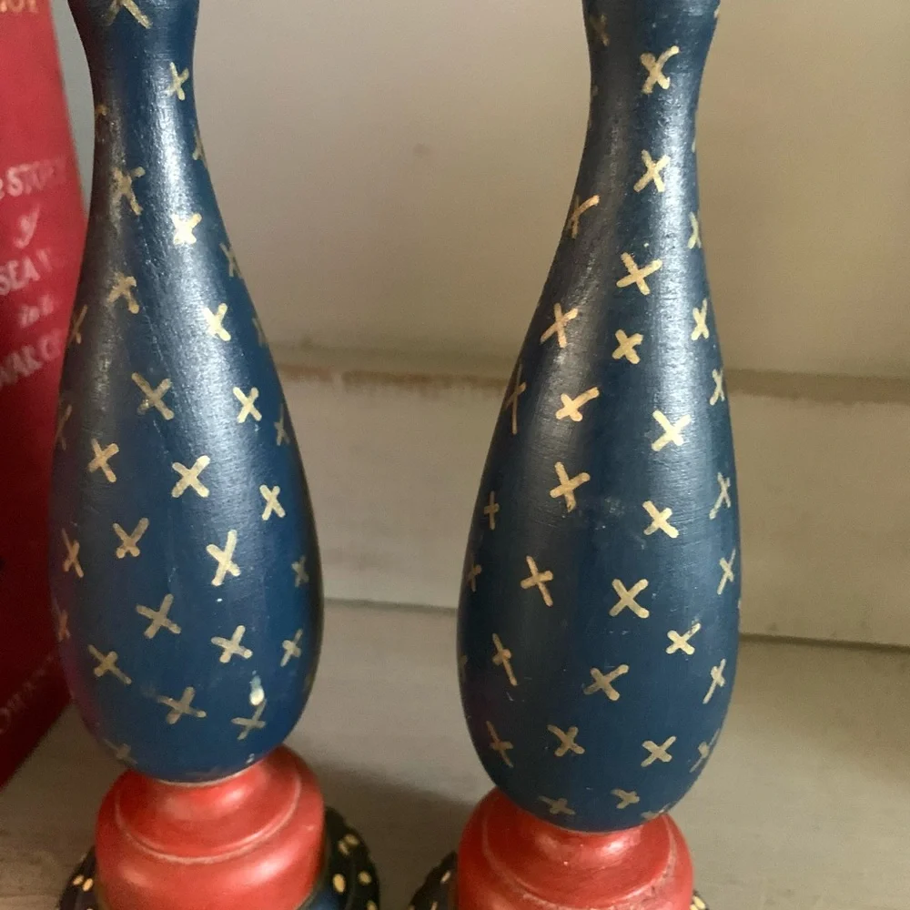 Vintage Hand painted wooden Folk Art Candle Sticks 9” Red Blue Gold Cottagecore
